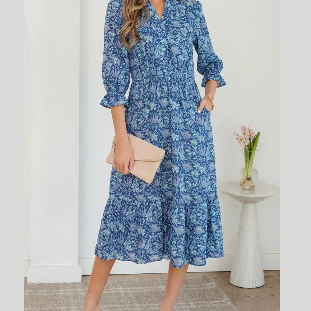 Floral Printed Frilled V Neck Bracelet Sleeve Long Dress