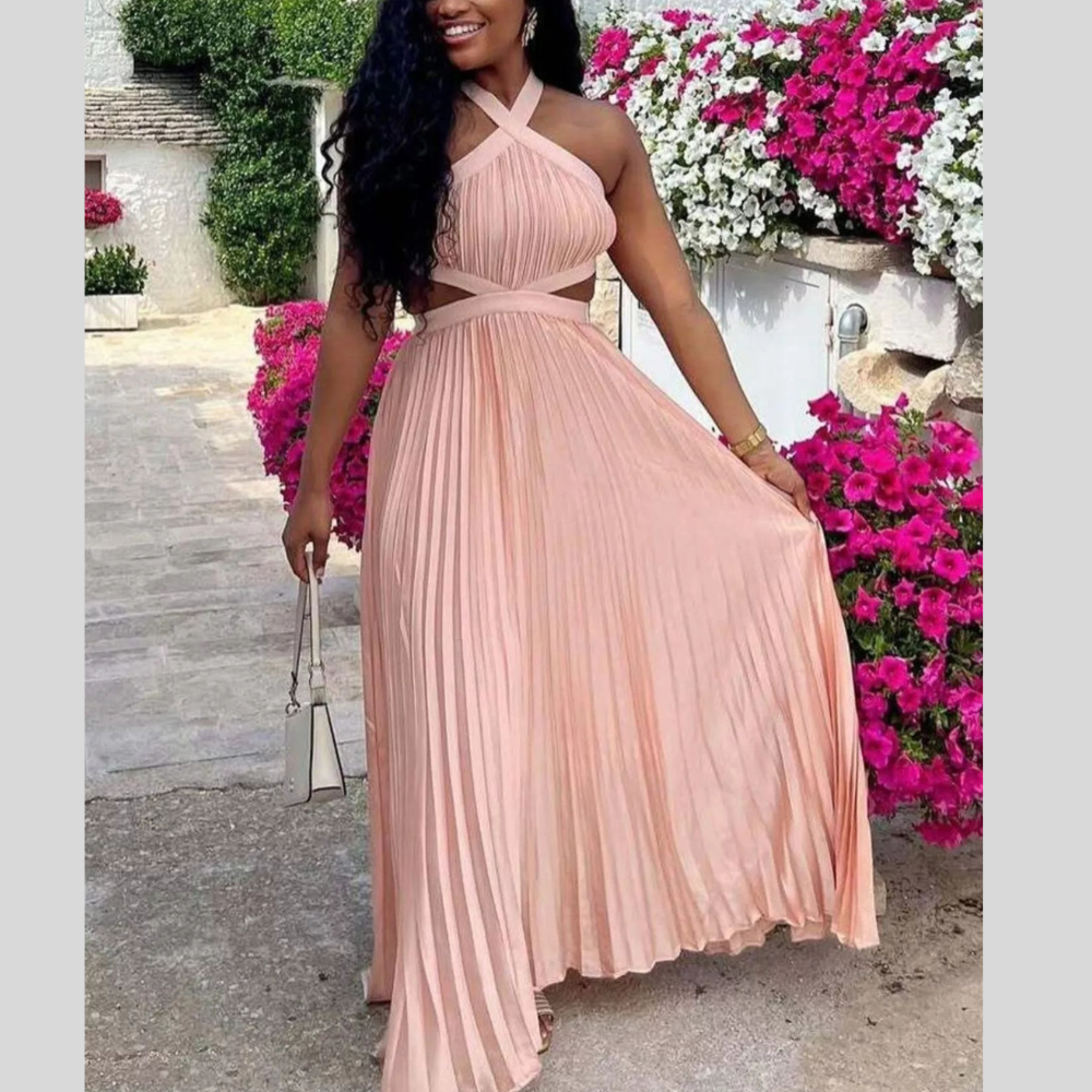 Halter Neck Pleated Maxi Dress
