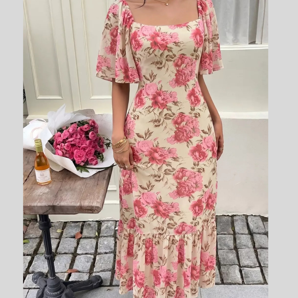 Floral Print Ruffle Hem Flutter Sleeve Dress