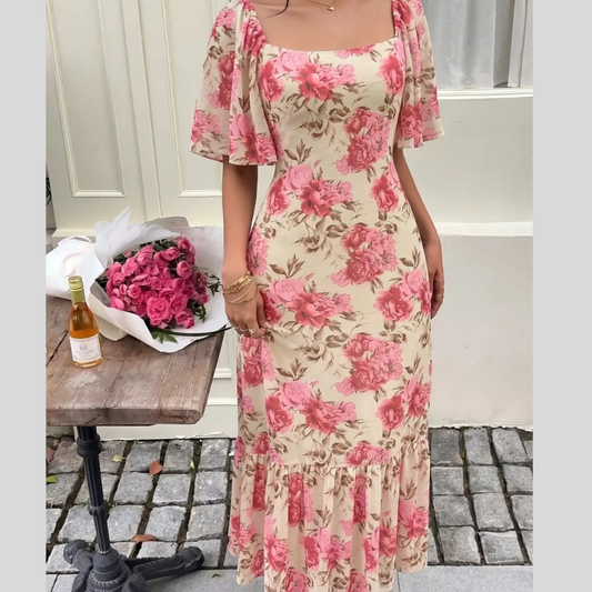 Floral Print Ruffle Hem Flutter Sleeve Dress