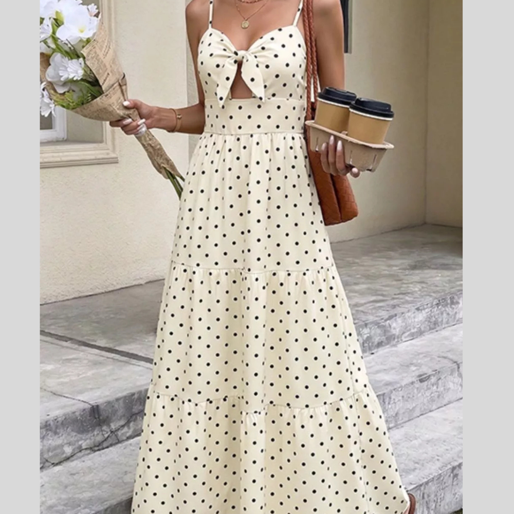 Polka Dot Tie-Front Cutout Maxi Dress