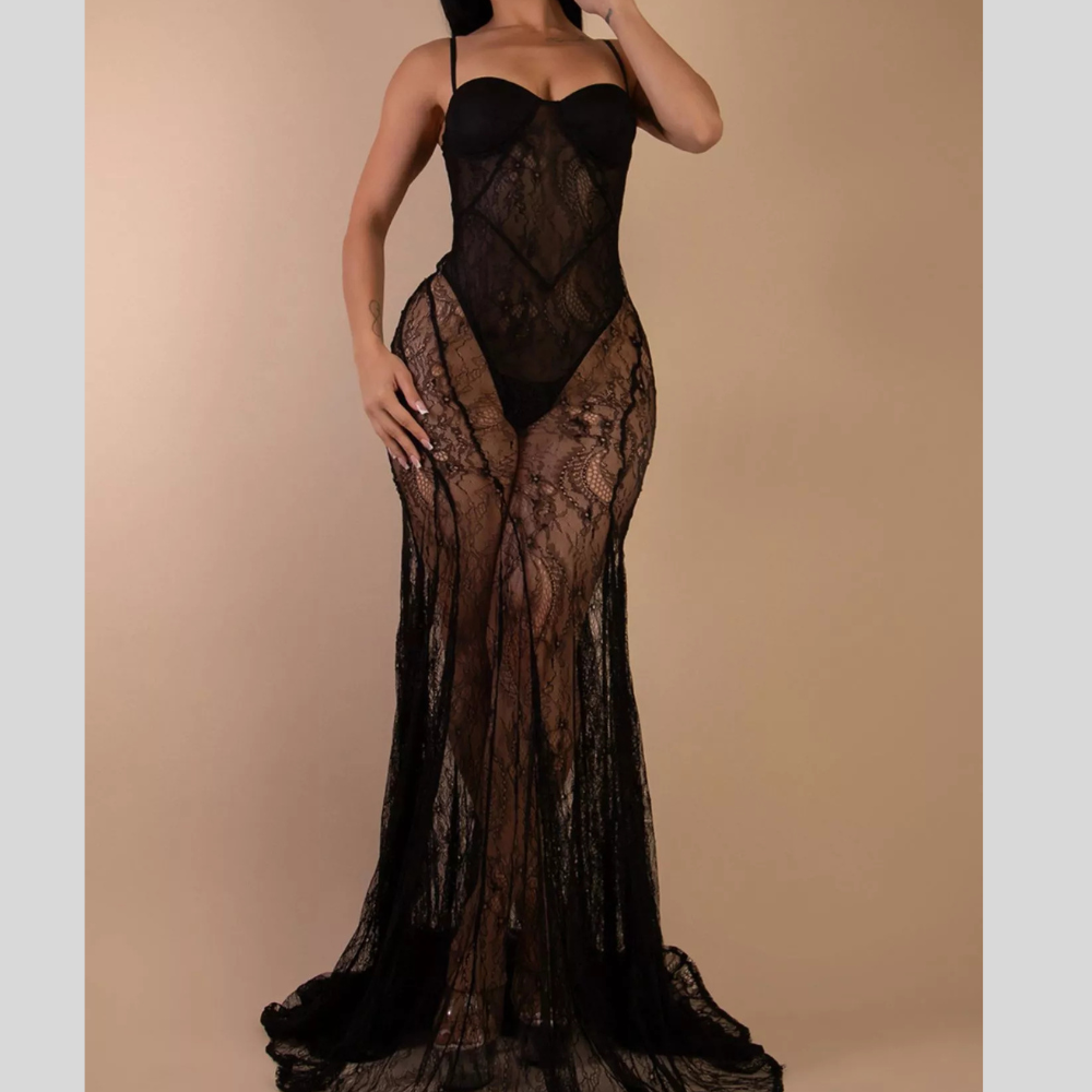 Sweetheart Neck Sheer Lace Maxi Dress