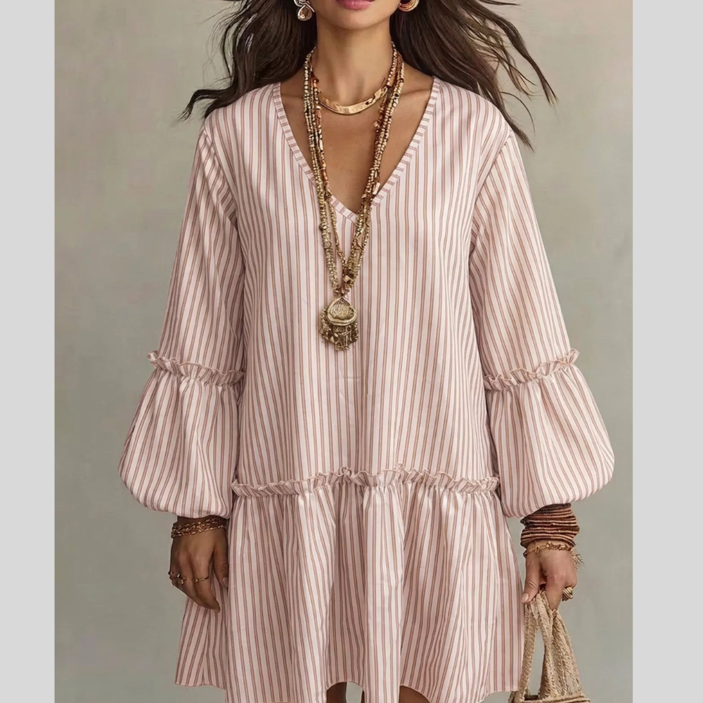 Full Size Striped Balloon Sleeve Mini Dress Plus Size