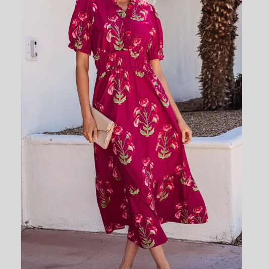 Floral Print Short Sleeve Midi Dress