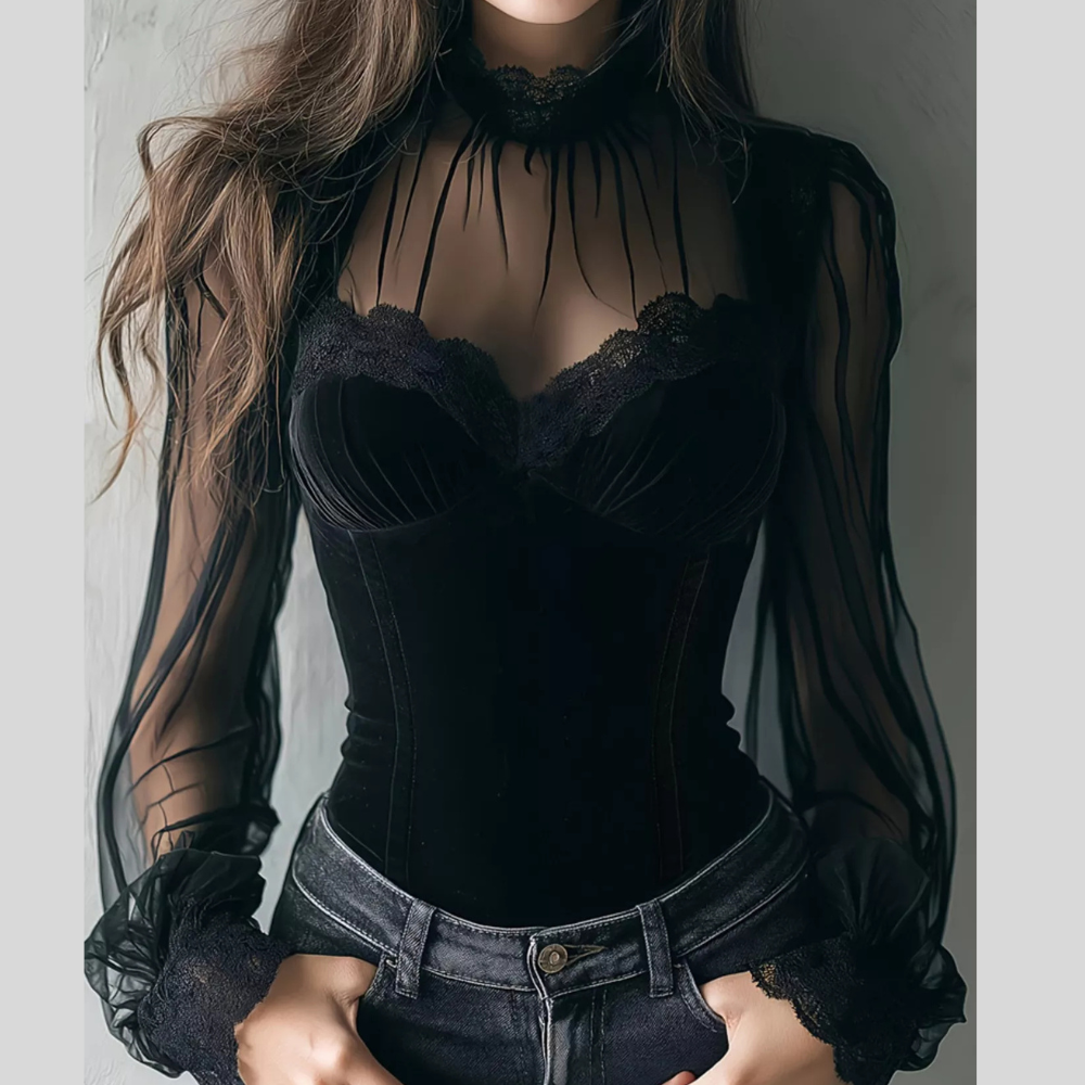Lace Trim Velvet Sheer Sleeve Blouse
