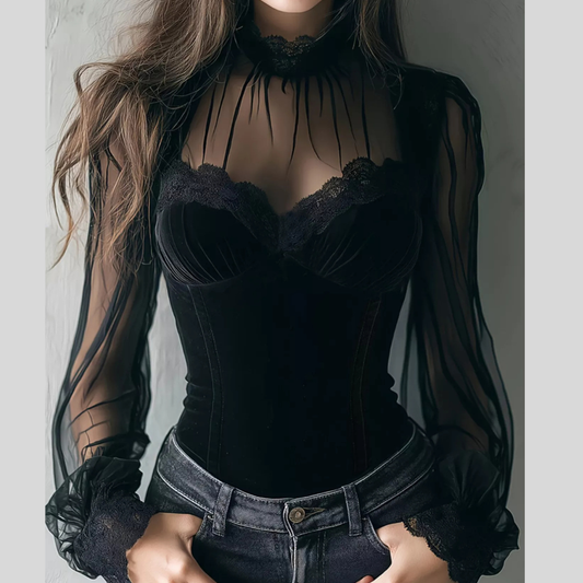 Lace Trim Velvet Sheer Sleeve Blouse