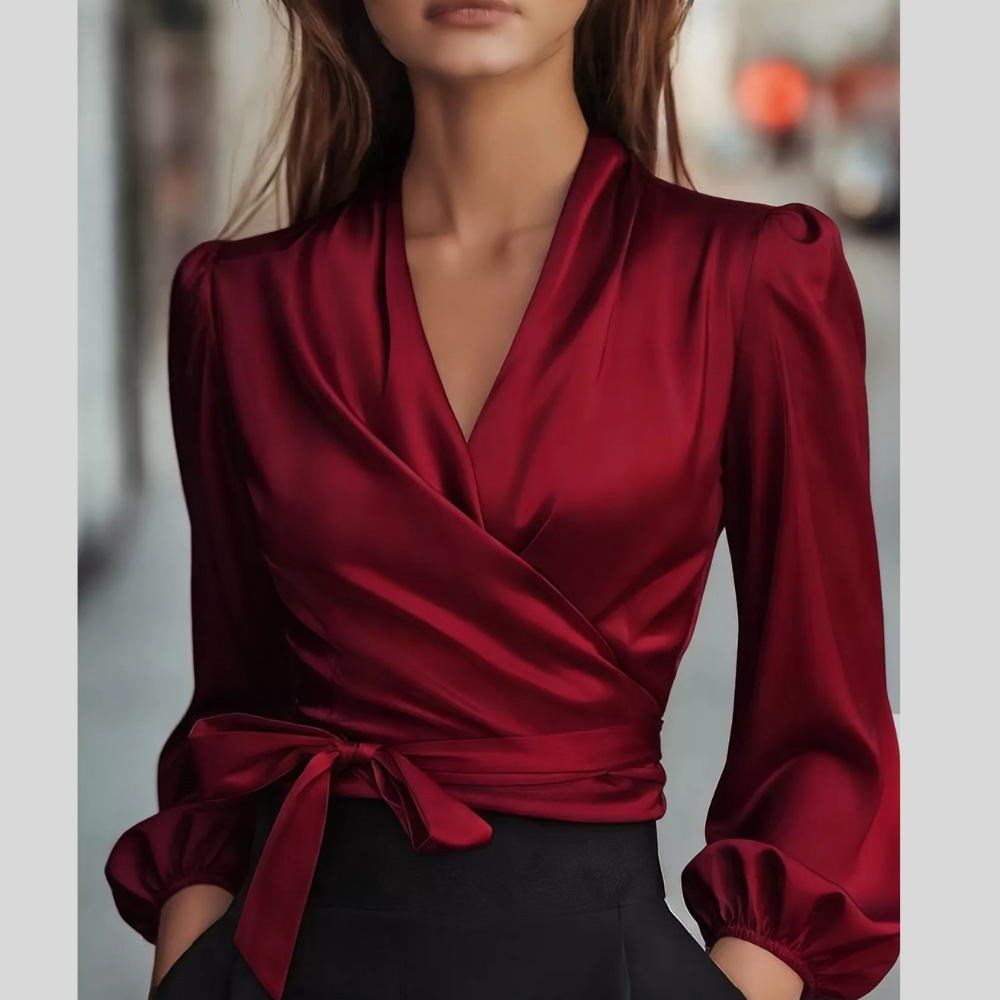 Elegant Satin Wrap Blouse with Bow Detail
