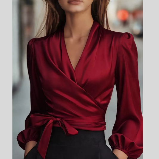 Elegant Satin Wrap Blouse with Bow Detail