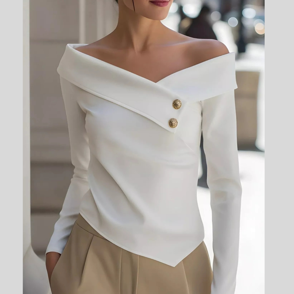 Elegant Off-the-Shoulder Blouse with Decorative Buttons