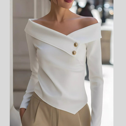 Elegant Off-the-Shoulder Blouse with Decorative Buttons