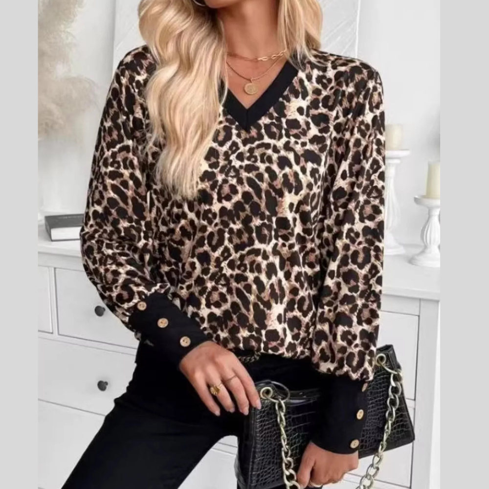 Printed V-Neck Long Sleeve T-Shirt with Button Cuffs