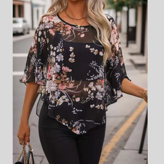 Sheer Floral Print Blouse with Flutter Sleeves