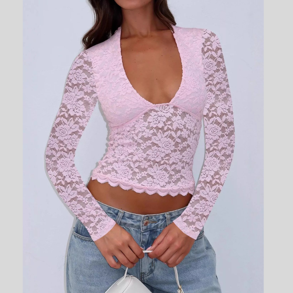 Sheer Lace Long Sleeve V-Neck Top