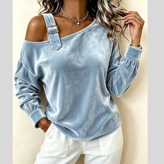 Full Size Velvet One-Shoulder Top with Buckle Detail Plus Size