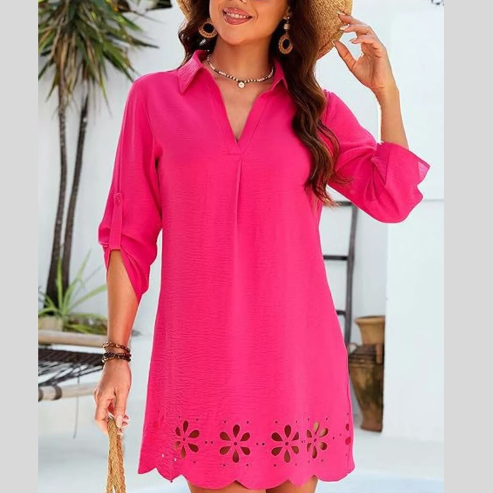 Scalloped Eyelet Hem Roll-Up Sleeve Dress