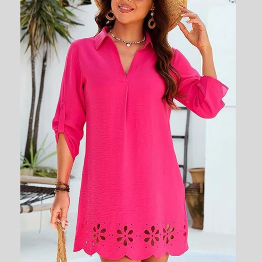 Scalloped Eyelet Hem Roll-Up Sleeve Dress