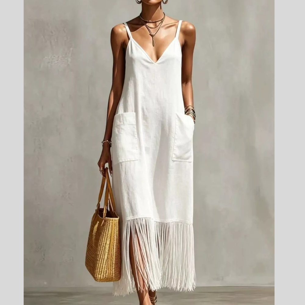 Full Size Fringe V-Neck Spaghetti Strap Casual Dress Plus Size
