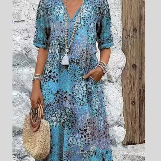 Full Size Printed V-Neck Half Sleeve Dress Plus Size