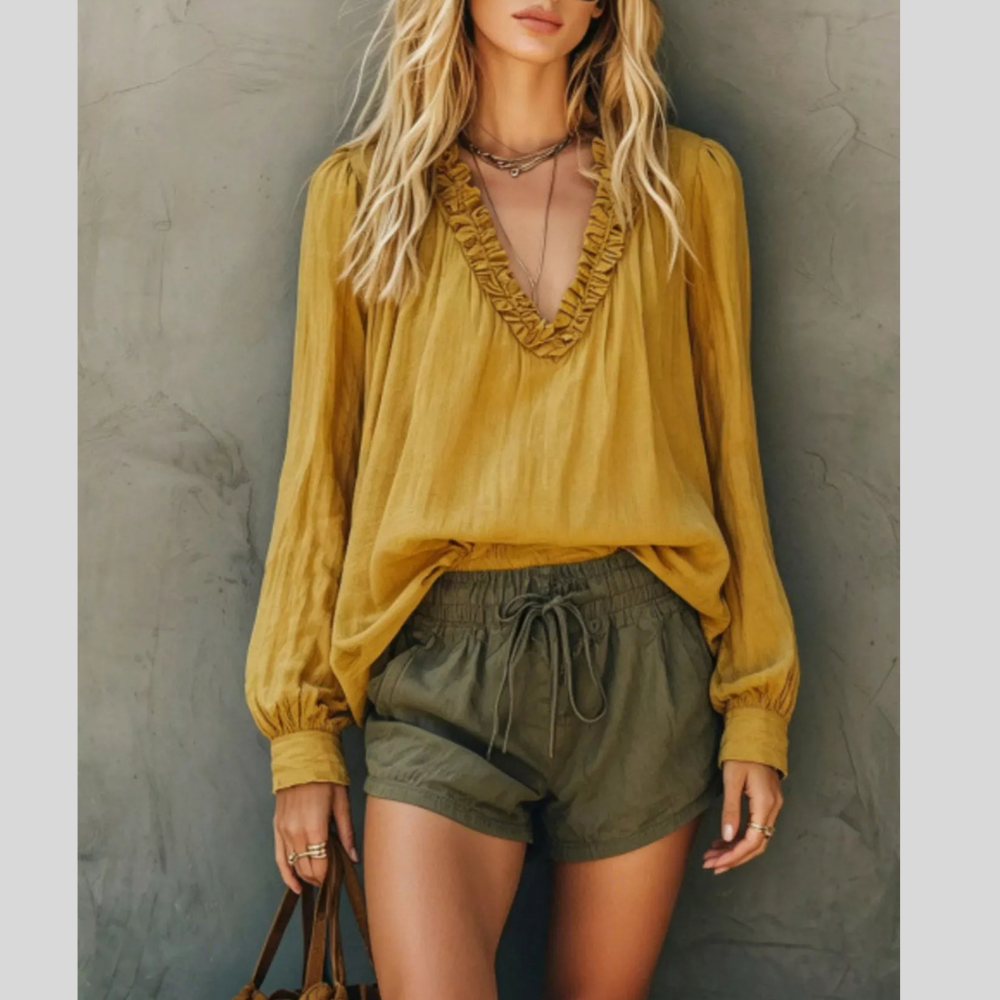 Frill V-Neck Casual Long Sleeve Blouse