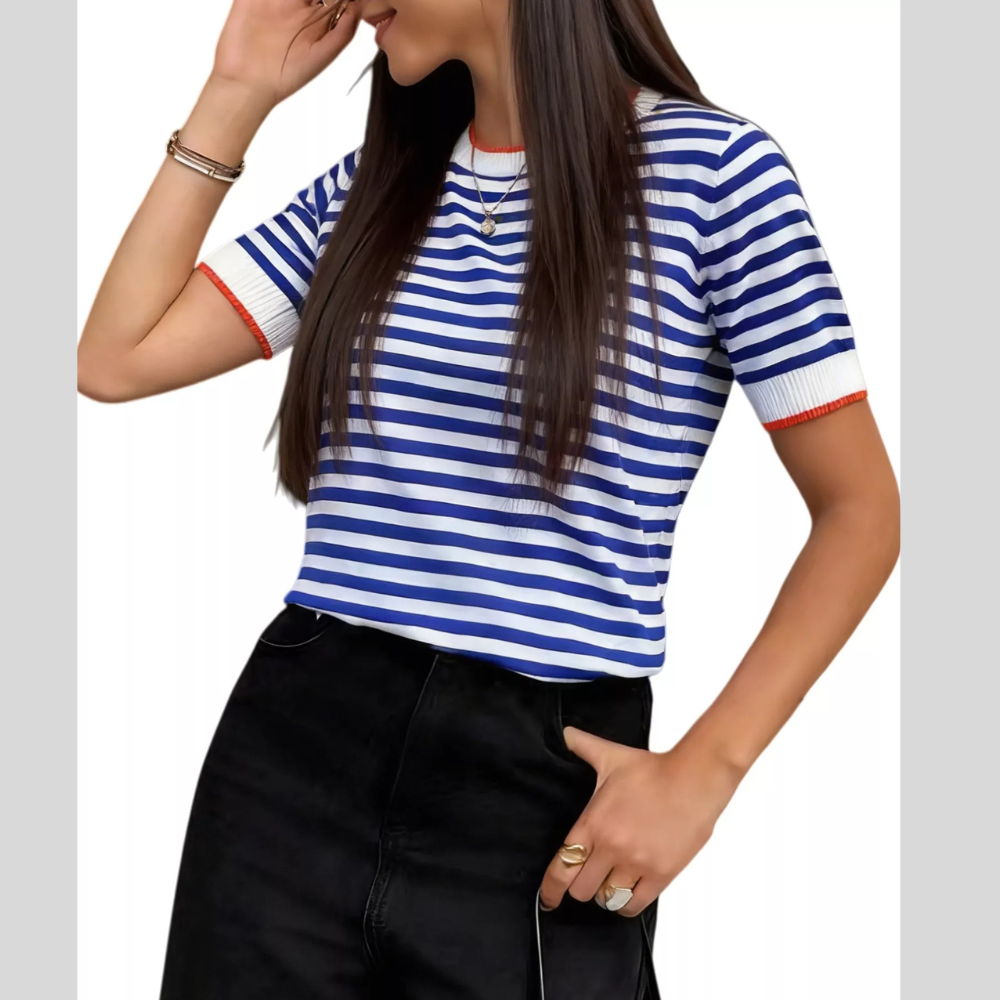 Contrast Trim Striped Short Sleeve Knit Top