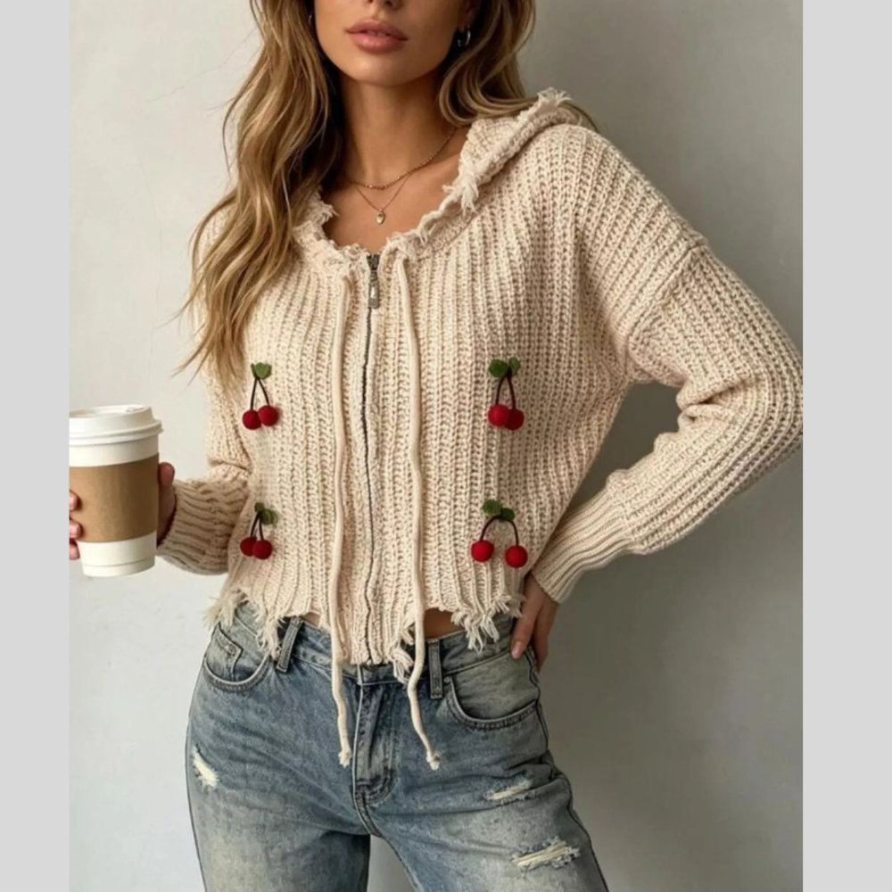 Cherry Knit Zip-Up Hooded Sweater