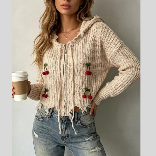 Cherry Knit Zip-Up Hooded Sweater