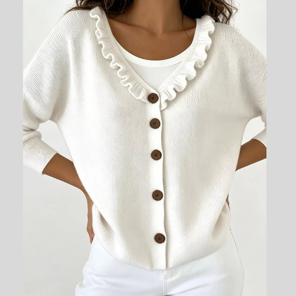 Ruffled Neckline Button-Up Cardigan