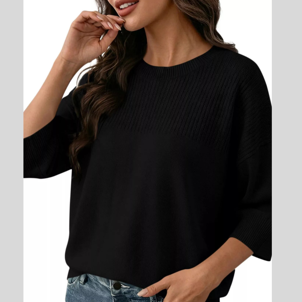 Elegant Crew Neck Eyelet Ribbed Sweater
