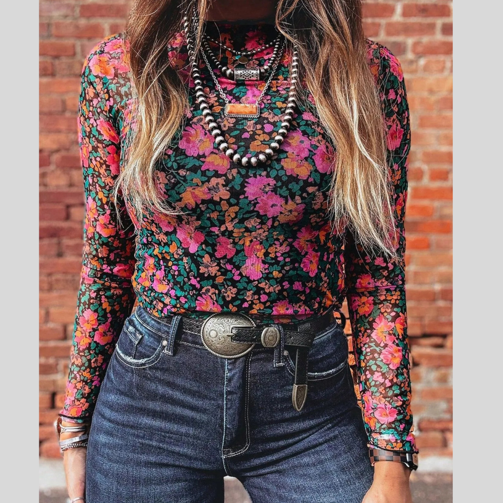 Printed Mesh Long Sleeve Slim Fit Top