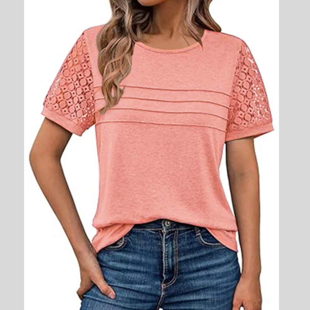 Lace Short Sleeve Round Neck T-Shirt
