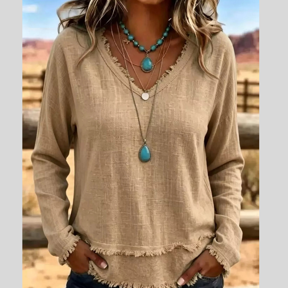 V-Neck Long Sleeve Blouse with Frayed Hem Detail