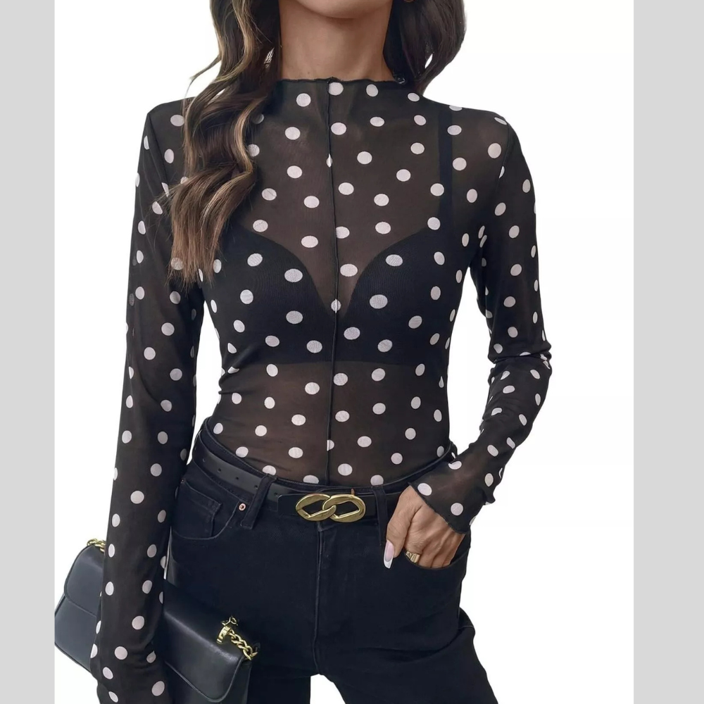 Sheer Polka Dot Long Sleeve Mock Neck Top