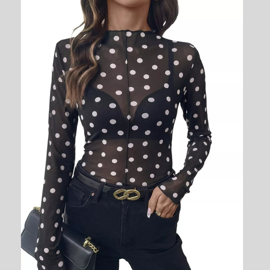 Sheer Polka Dot Long Sleeve Mock Neck Top