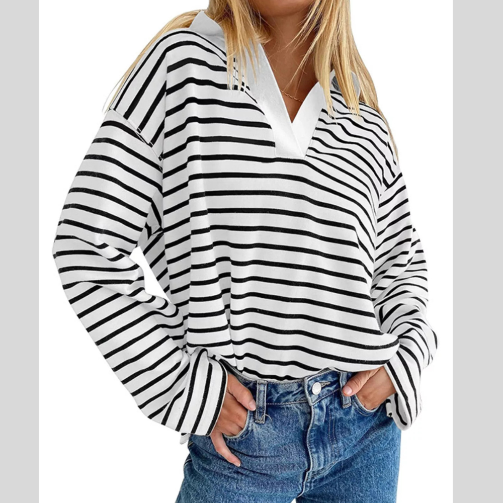 Oversized Striped Johnny Collar T-Shirt