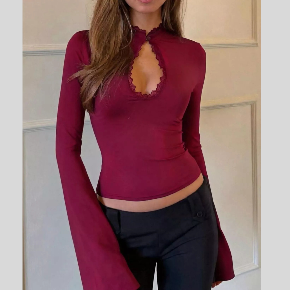 Lace-Trimmed Keyhole Long Sleeve T-Shirt