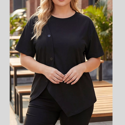 Plus Size Asymmetrical Button Decor Short Sleeve T-Shirt