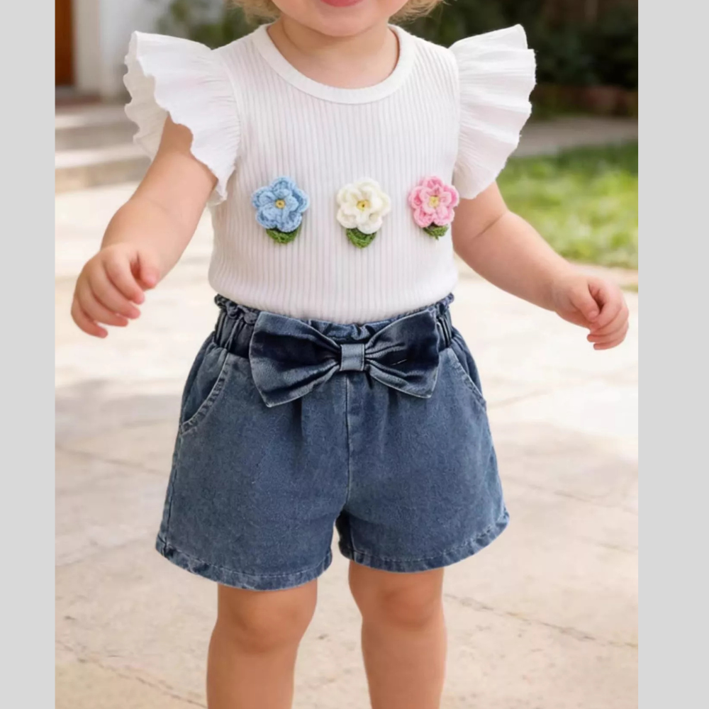 Children's Ruffled Flower Top and Denim Shorts Set