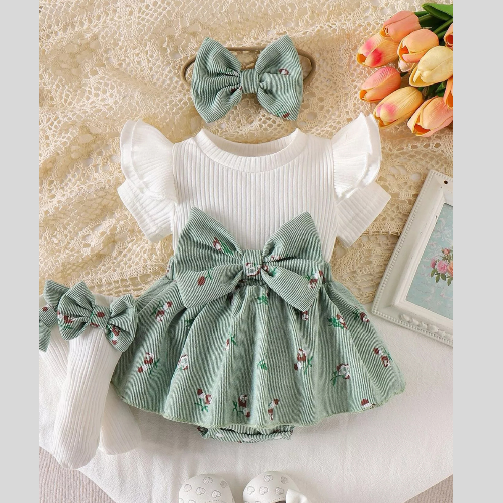 Children's Bow Ribbed Knit Dress & Headband & Socks Set