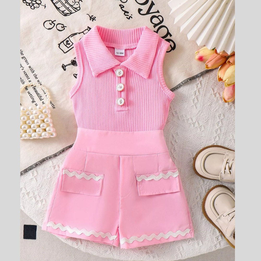 Children's Ribbed Knit Polo Top and Scalloped Pocket Shorts Set