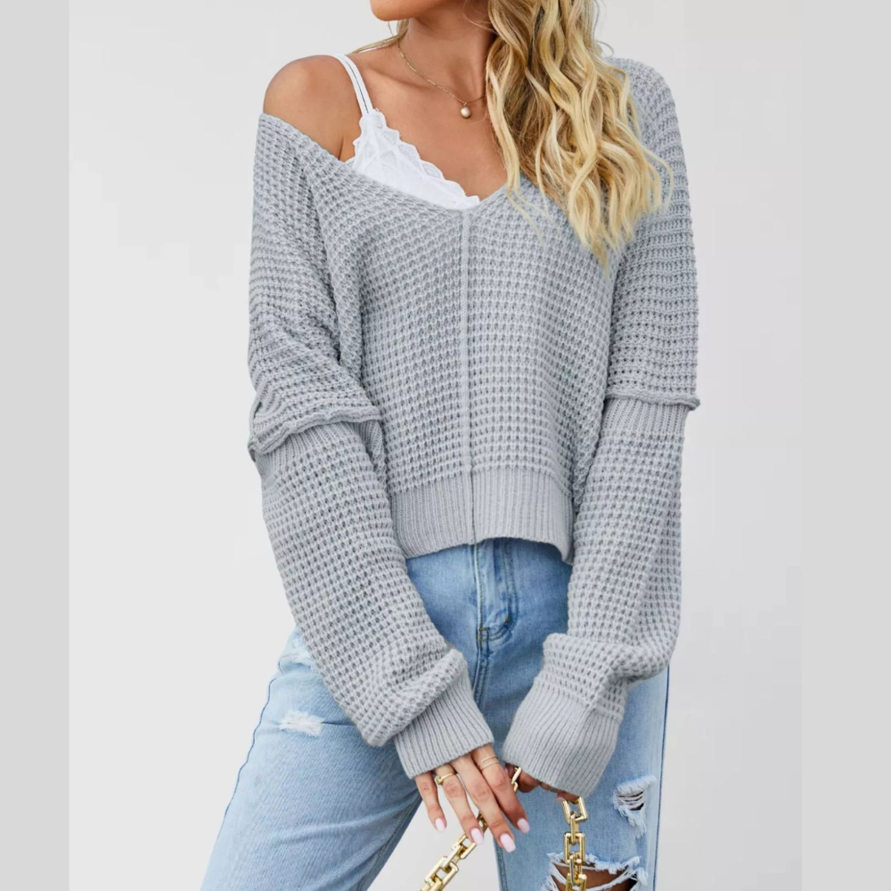 Waffle Knit Dropped Shoulder Sweater