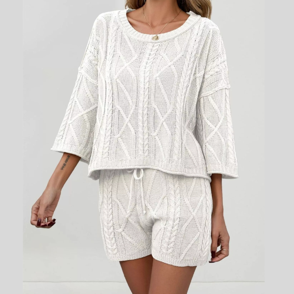 Cable Knit 3/4 Sleeve Sweater and Shorts Set