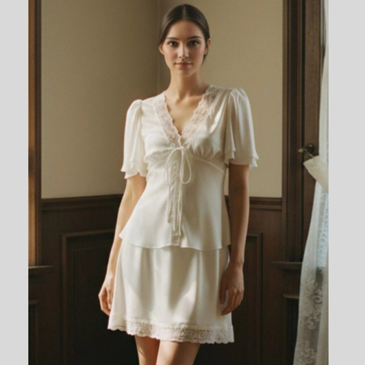 Lace Detail Short Sleeve Top and Skirt Set