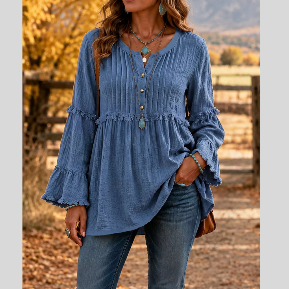 Full Size Frill Notched Long Sleeve Blouse Plus Size