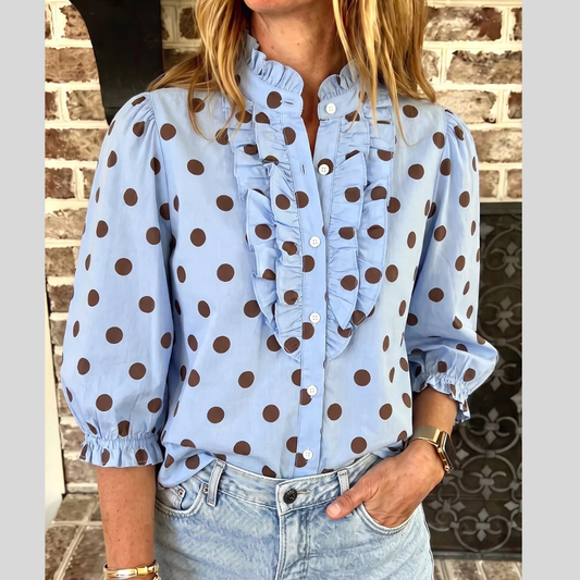 Polka Dot Ruffled Stand-Collar Shirt