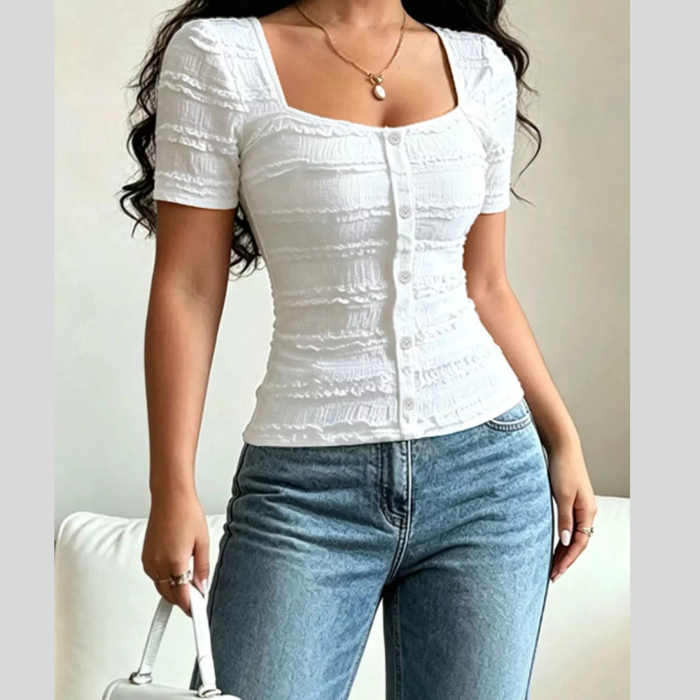 Frill Square Neck Short Sleeve Top