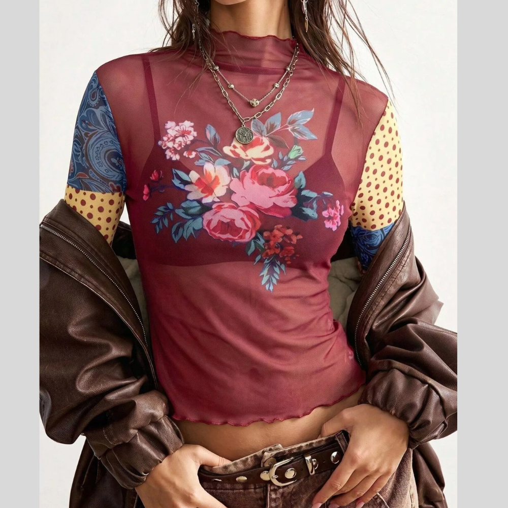 Floral Print Mesh Mock Neck Long Sleeve Top