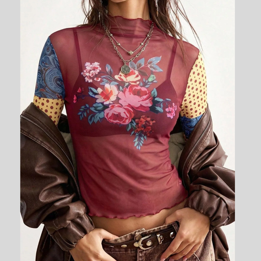 Floral Print Mesh Mock Neck Long Sleeve Top