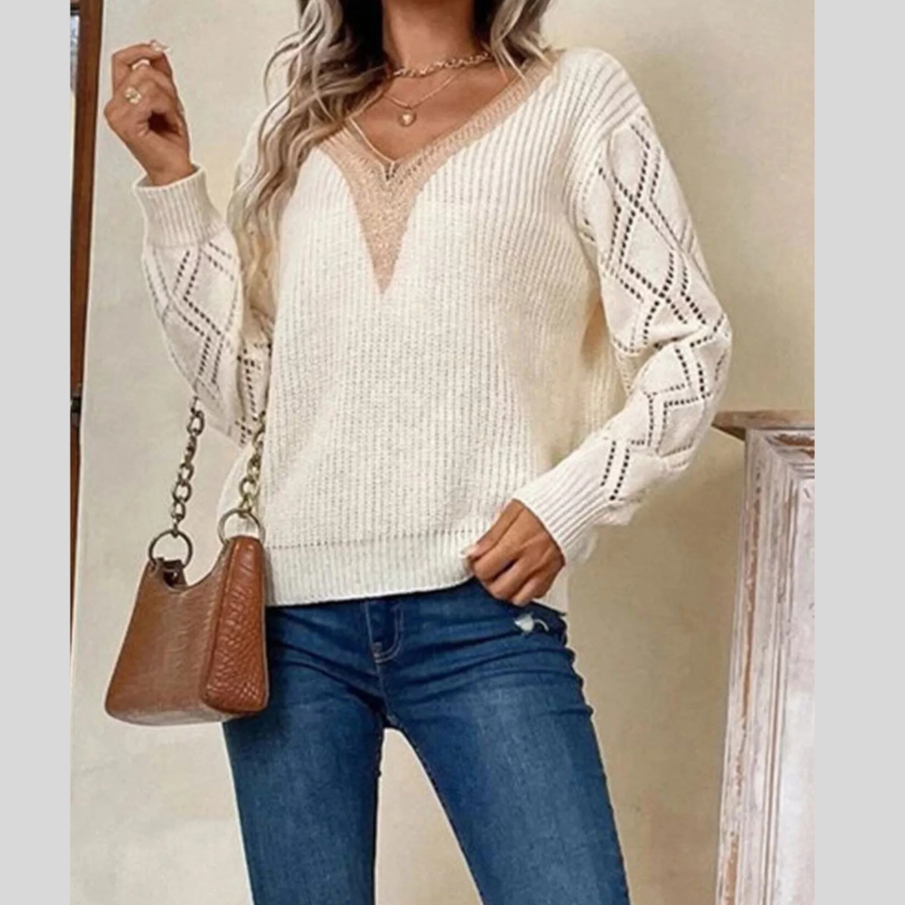 Openwork Casual V-Neck Sweater