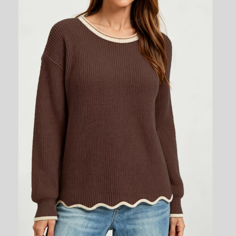 Contrast Trim Scalloped Hem Ribbed Knit Sweater