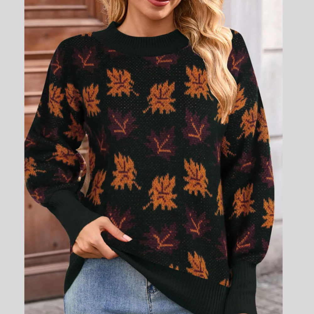Autumn Leaf Pattern Mock Neck Sweater